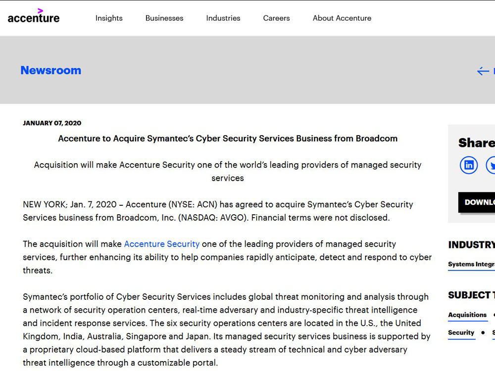 Accenture Symantecのサイバーセキュリティサービス事業をbroadcomから買収 クラウド Watch